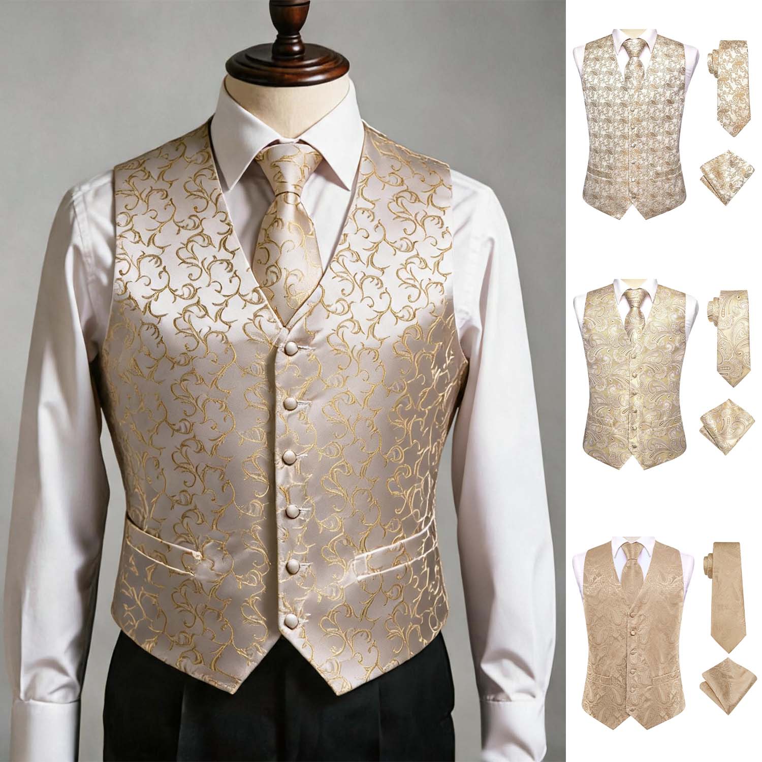 Pocket Square Set - Aprikosenfarbener Herrenanzug mit Weste, Dreiteiliges Set,